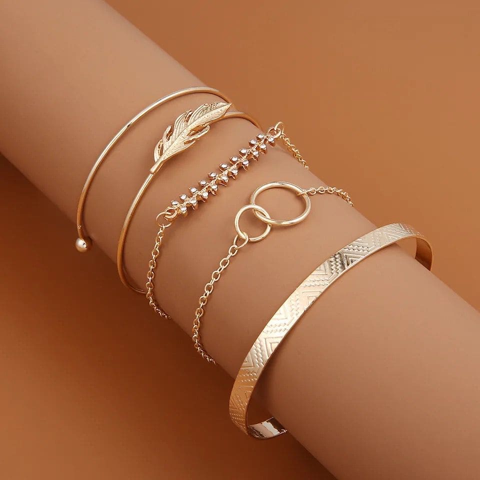 5 Pcs Gold Leaf Bracelet, Twist Chain Bracelet for Women, Multilayer Gold Color Bracelet, Adjustable Open Bracelet 5 Pcs Gold Leaf Bracelet, Twist Chain Bracelet for Women, Multilayer Gold Color Bracelet, Adjustable Open Bracelet
